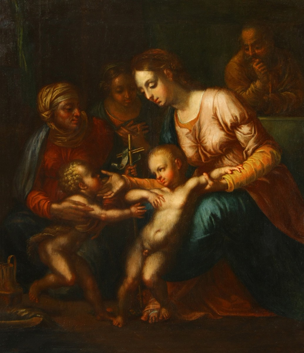 Holy Family with Saint Anne, 18th century painted wood panel restored condition